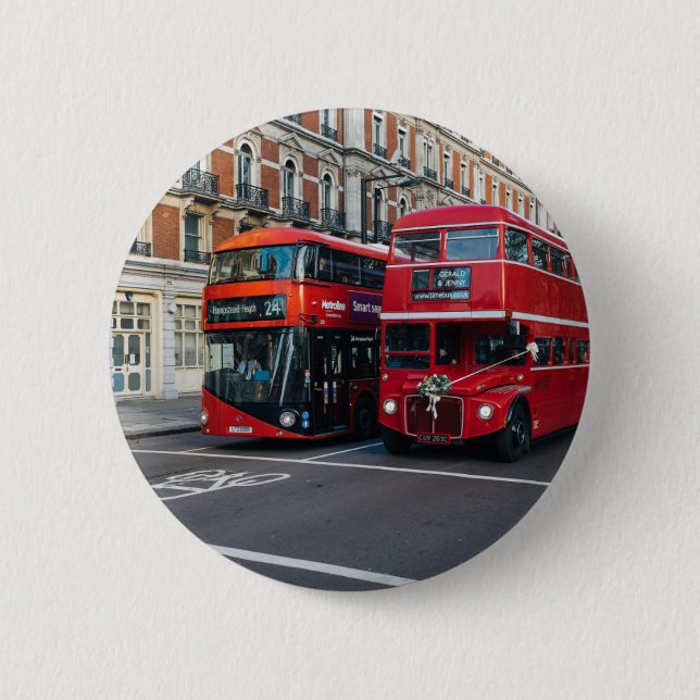 Red Double Decker Buses 6 Cm Round Badge (Front)