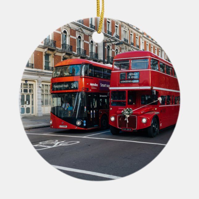 Red Double Decker Buses Ceramic Tree Decoration (Front)