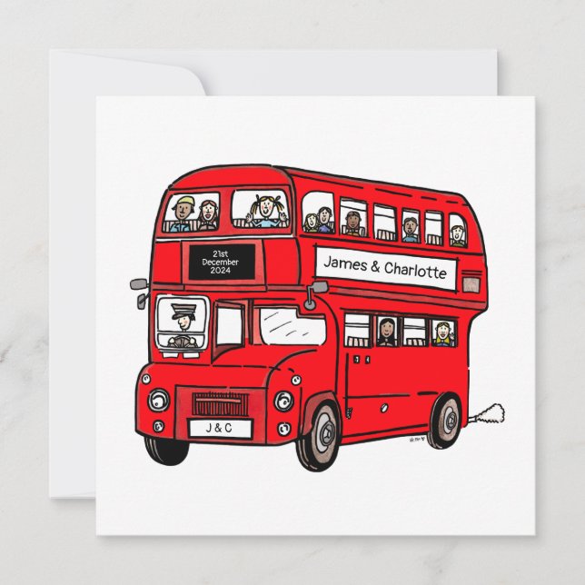 Red Double Decker London Bus Wedding Invitation (Front)