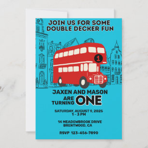 Red Double Decker Twins 1st Birthday Invitation