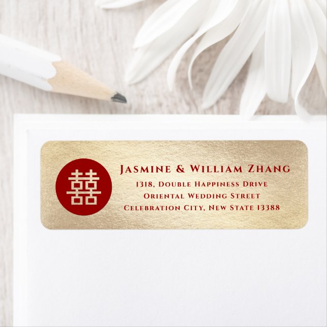 Red Double Happiness Chinese Wedding Address Label (Insitu)