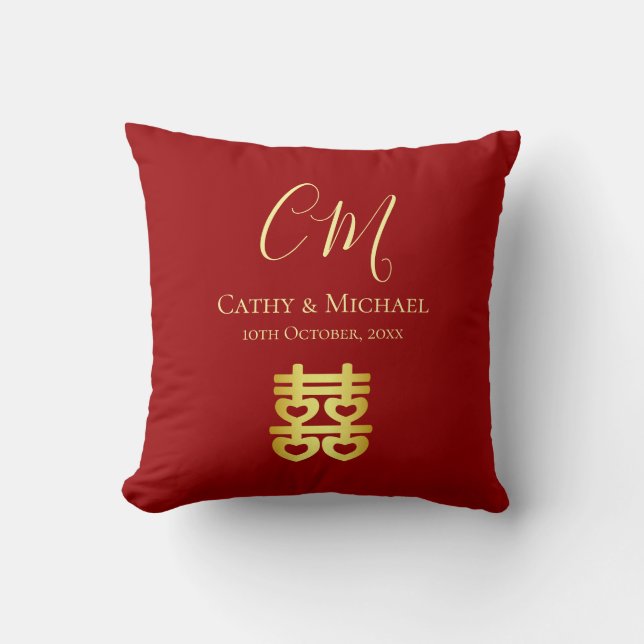 Red double happiness Chinese wedding initials Cushion (Front)