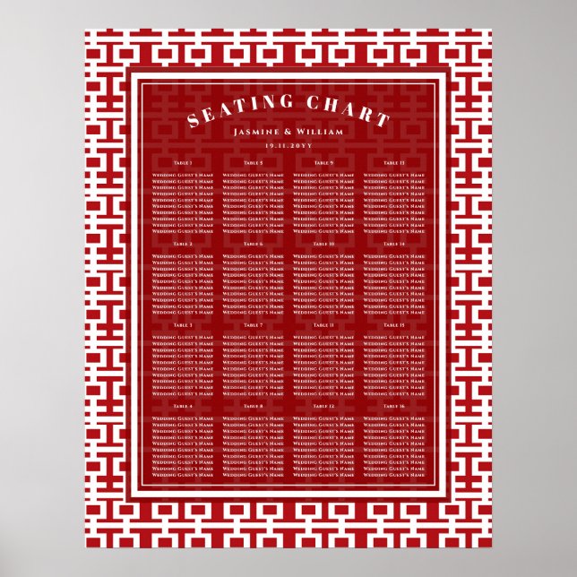 Red Double Happiness Chinese Wedding Seating Chart (Front)