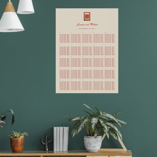 Red Double Happiness Chinese Wedding Seating Chart (Living Room 1)