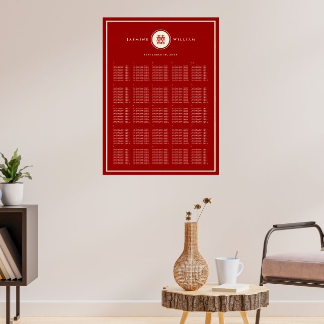 Red Double Happiness Chinese Wedding Seating Chart (Living Room 3)