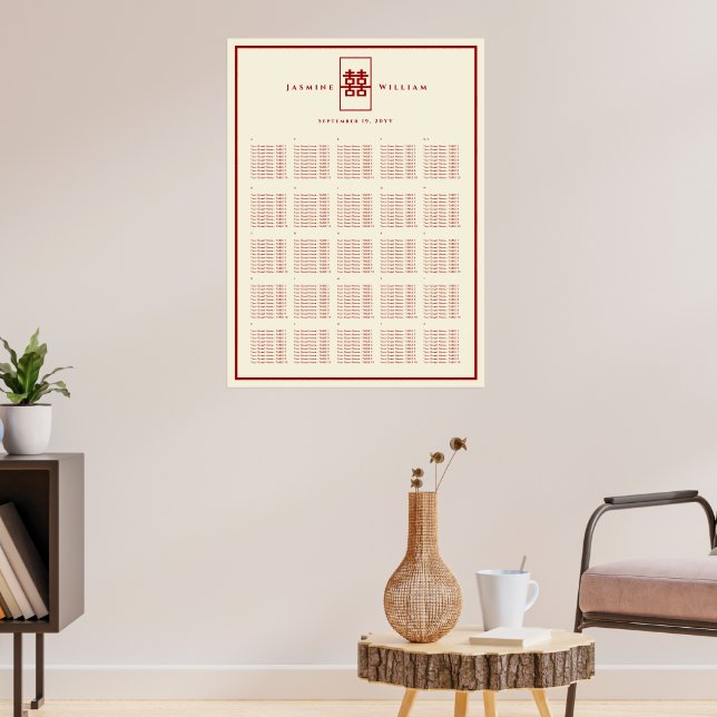 Red Double Happiness Chinese Wedding Seating Chart (Living Room 3)