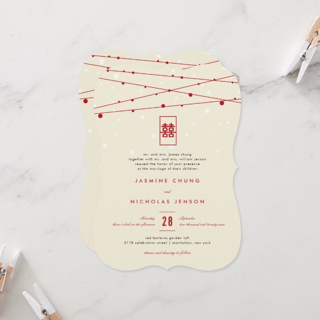 Red Double Happiness Fairy Lights Chinese Wedding Invitation (Front/Back In Situ)