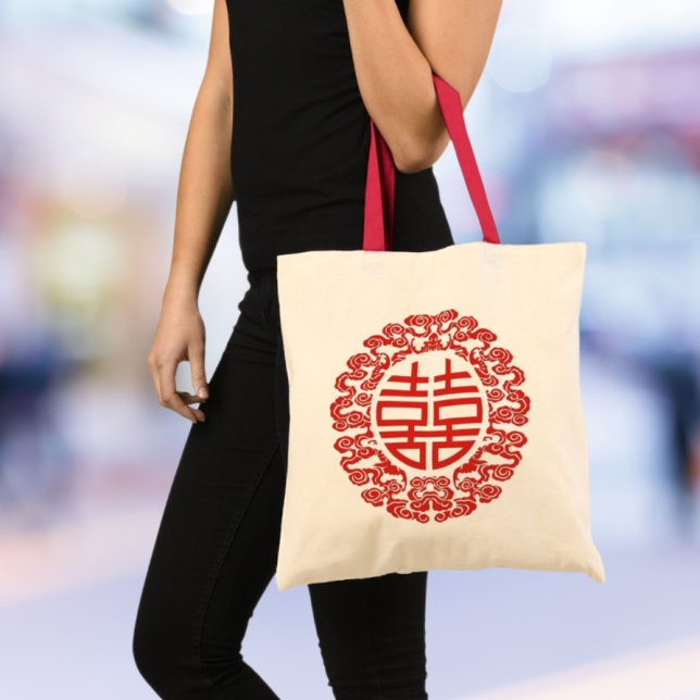 red double happiness modern chinese wedding favour tote bag (red double happiness modern chinese wedding favor tote bag)