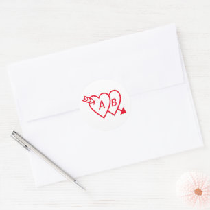Red Double Hearts with Cupids Arrow and Initials Classic Round Sticker