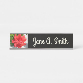 Red Double Hibiscus Flower Desk Name Plate