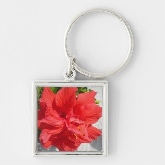 Red Double Hibiscus Flower Key Ring