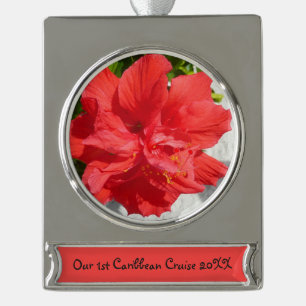Red Double Hibiscus Flower Silver Plated Banner Ornament