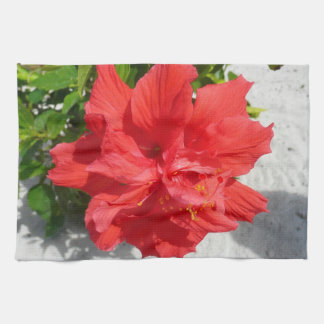 Red Double Hibiscus Flower Tea Towel