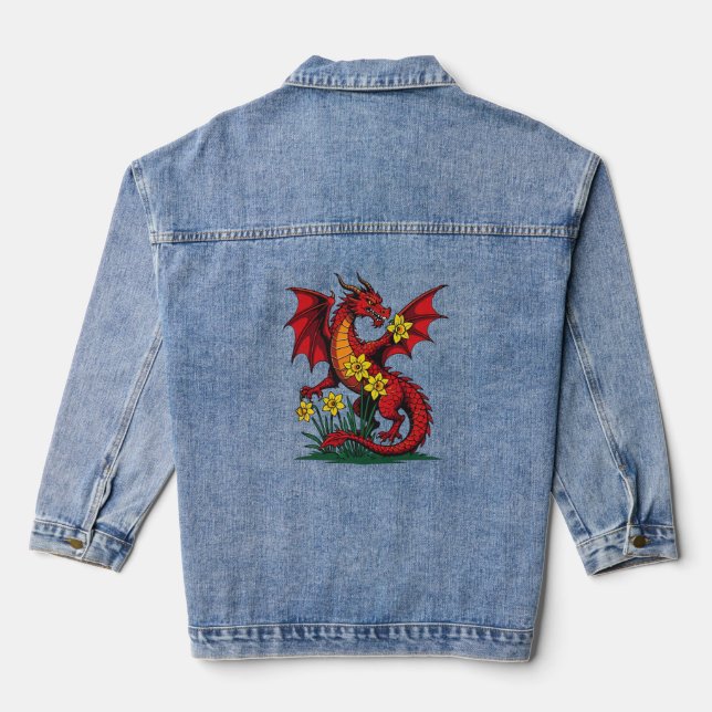 Red Dragon Amongst Daffodil Flowers Denim Jacket (Back)