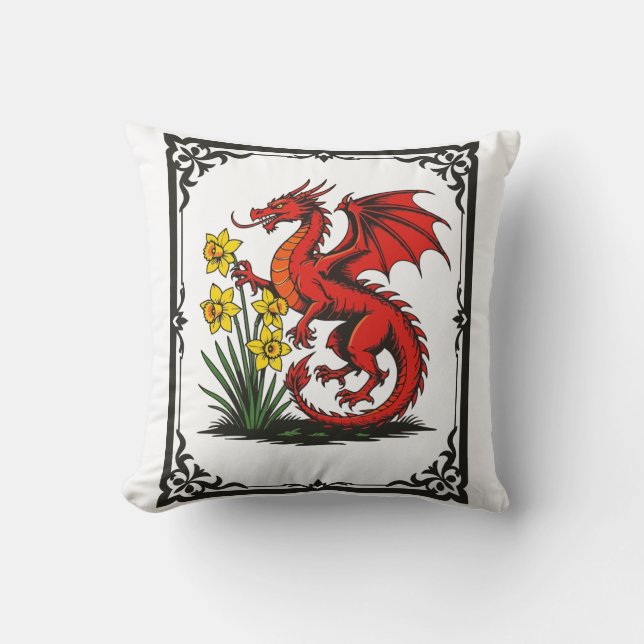 Red Dragon and Daffodils With Decorative Border Cushion (Front)