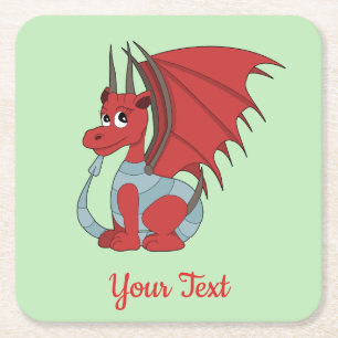 Red Dragon Cartoon  Square Paper Coaster