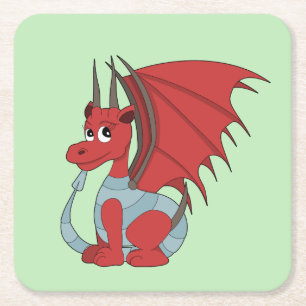 Red Dragon Cartoon  Square Paper Coaster