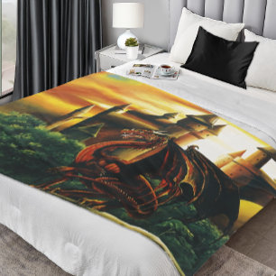 Red Dragon Castle Fantasy Fleece Blanket