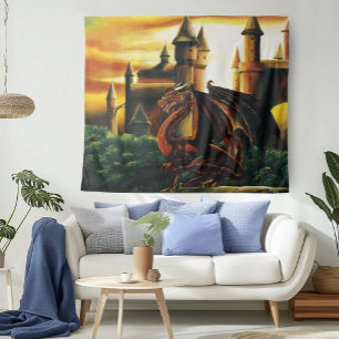 Red Dragon Castle Fantasy Tapestry
