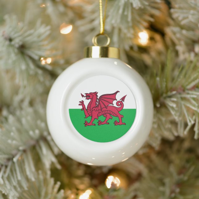 Red Dragon Celtic Flag of Wales & Welsh Ceramic Ball Christmas Ornament (Tree)