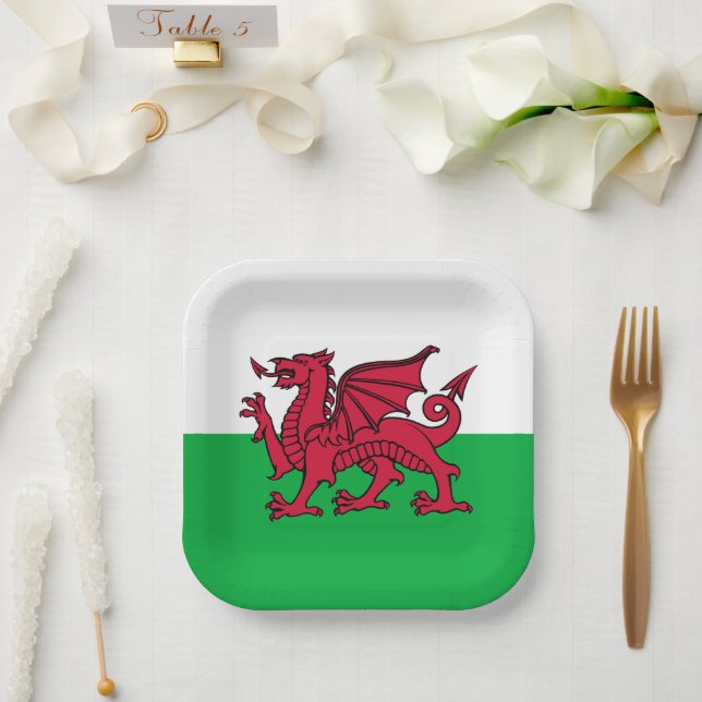 Red Dragon Celtic Flag of Wales & Welsh Paper Plate (Wedding)