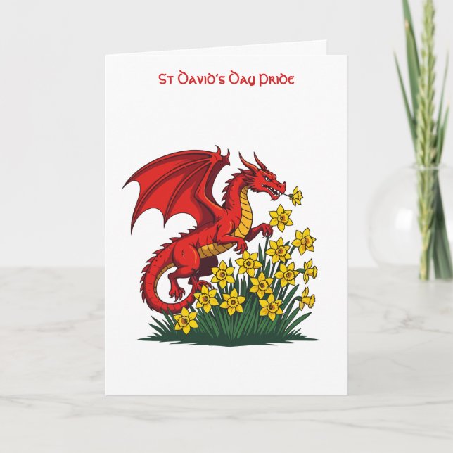 Red Dragon Charging Through Daffodils Card (Front)