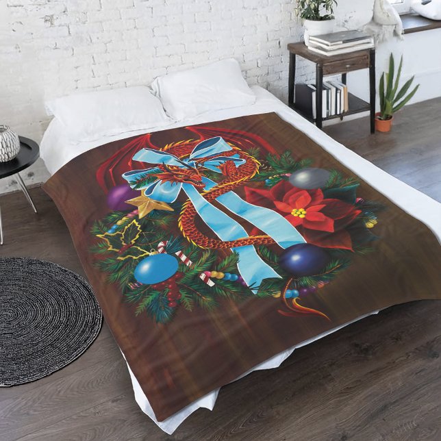 Red Dragon Christmas Wreath Fleece Blanket (Creator Uploaded)