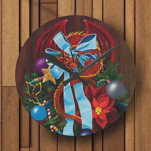 Red Dragon Christmas Wreath Round Clock