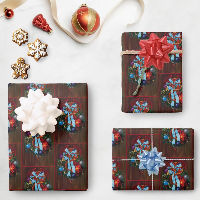 Red Dragon Christmas Wreath Wrapping Paper Sheet (Creator Uploaded)