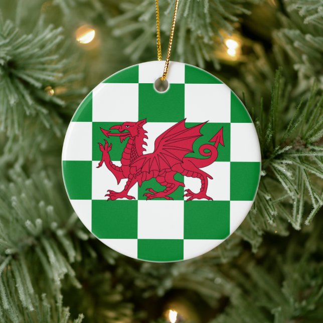 Red Dragon Flag: Green Chequered Celtic Wales Ceramic Tree Decoration (Tree)