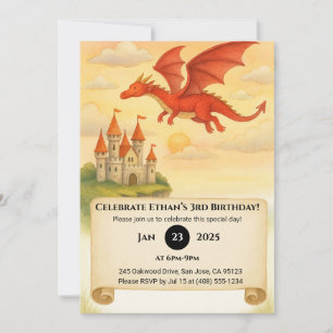 Red Dragon Flying Over Castle Scroll Birthday Invitation