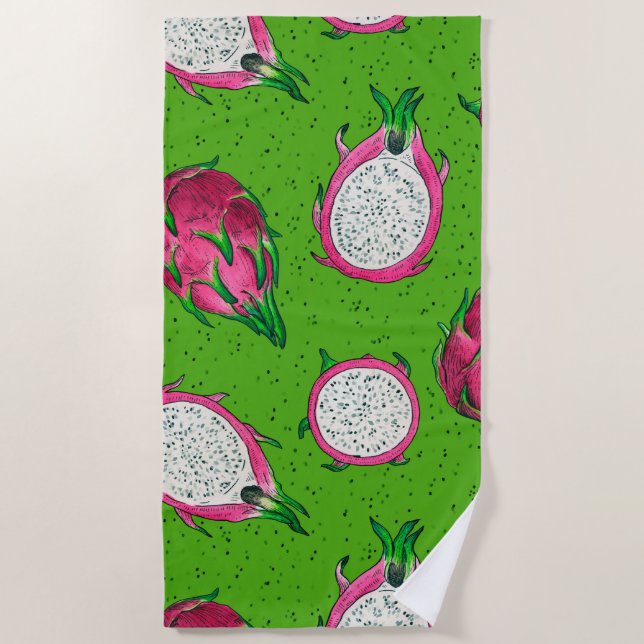 Red dragon fruit on green beach towel (Front)