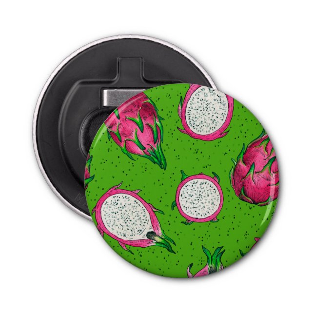 Red dragon fruit on green bottle opener (Front)