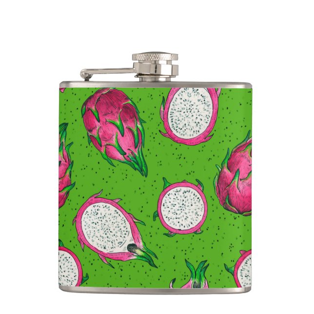 Red dragon fruit on green hip flask (Front)