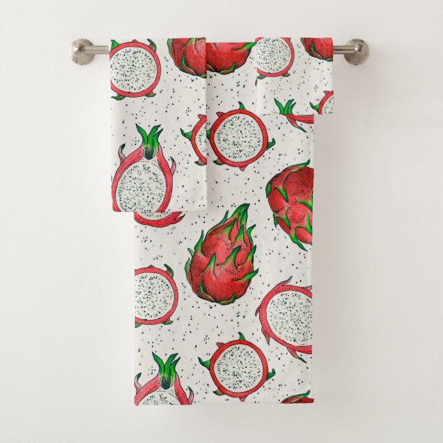 Red dragon fruit on off white bath towel set (Insitu)