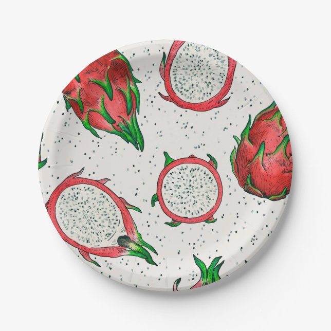Red dragon fruit on off white paper plate (Front)