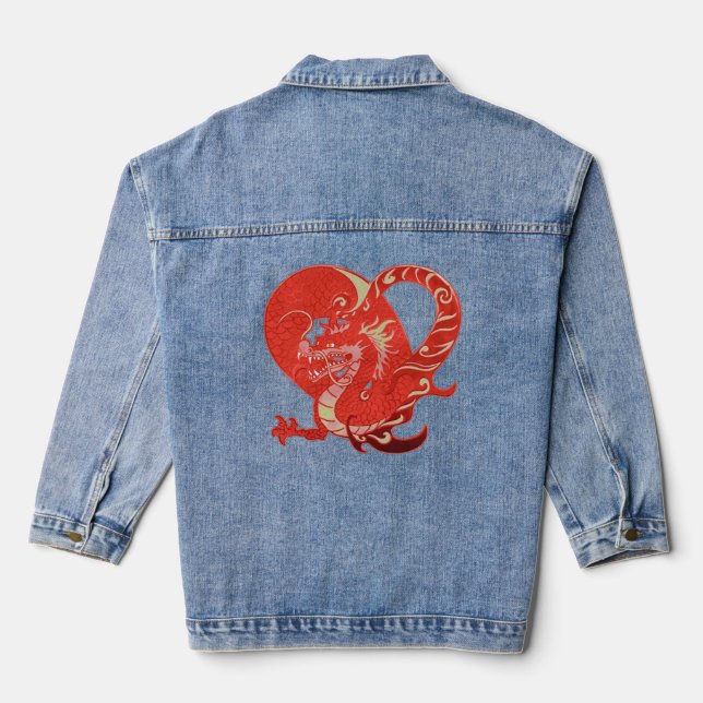 Red Dragon Heart Valentine Chinese New Year Womens Denim Jacket (Back)