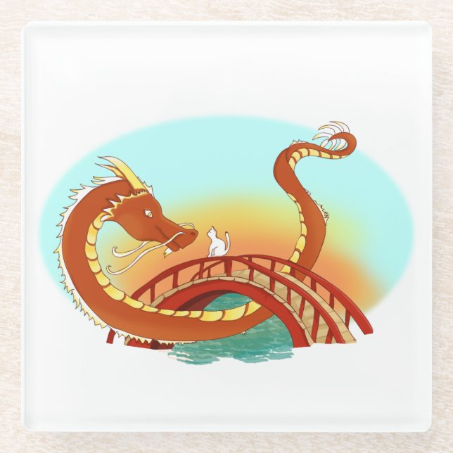 Red Dragon Meets White Cat Glass Coaster (Front)