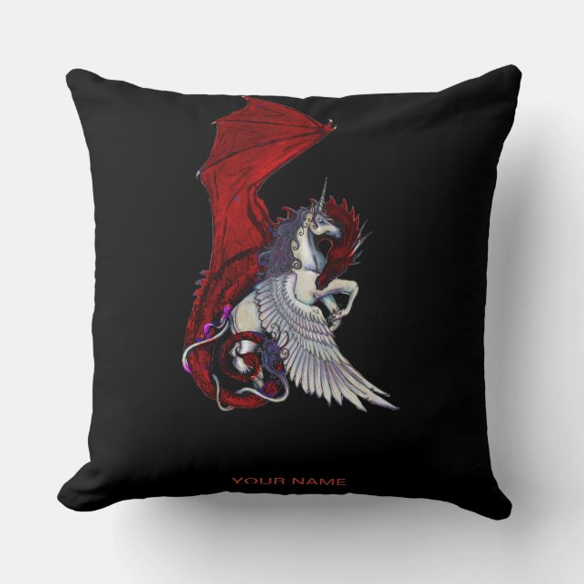 Red Dragon Monster Crimson Fantasy Wings Unicorn Cushion (Front)