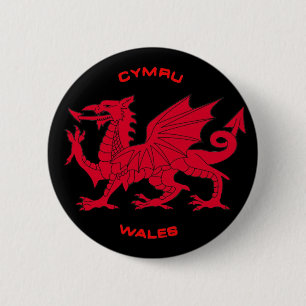 Red Dragon of Wales (Cymru), Black Back 6 Cm Round Badge