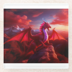 Red Dragon Perches On Craggy Mountain Peak Glass Coaster
