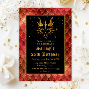 Red Dragon Scales Faux Glitter Birthday Invitation