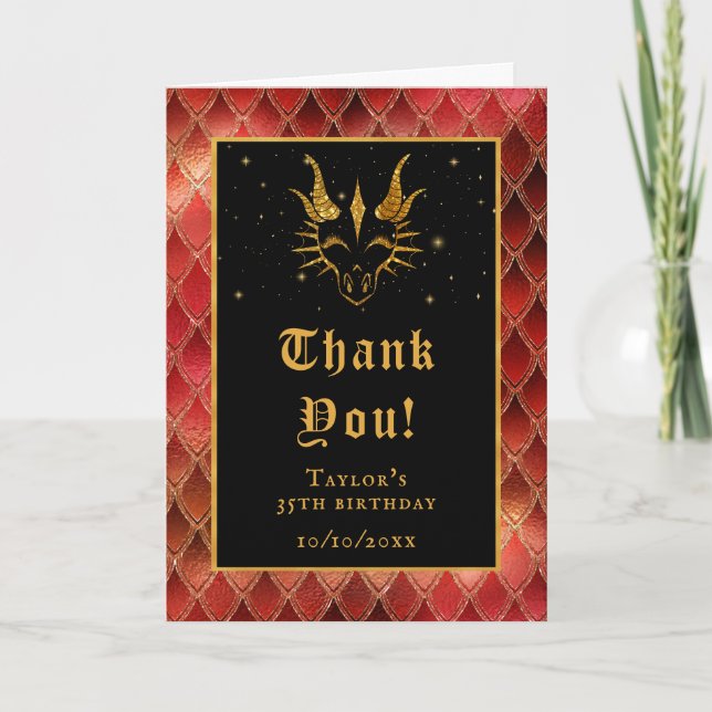 Red Dragon Scales Gold Faux Glitter Birthday Thank You Card (Front)