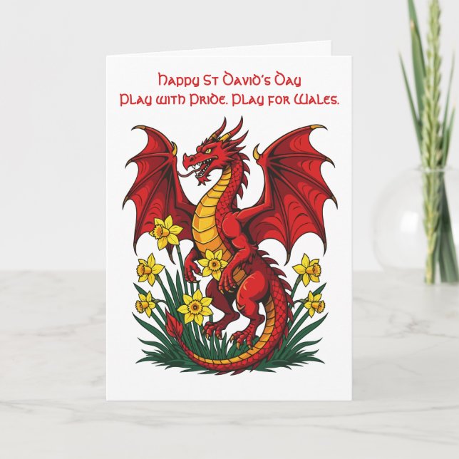 Red Dragon Stood Amongst Daffodils Card (Front)