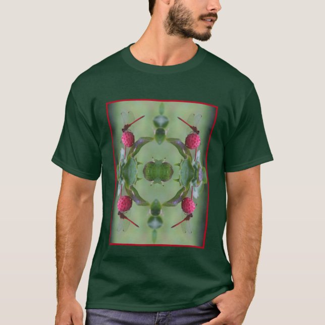 Red Dragonfly On Dogwood Fruit Abstract T-Shirt (Front)