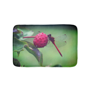 Red Dragonfly On Dogwood Fruit Close Up  Bath Mat