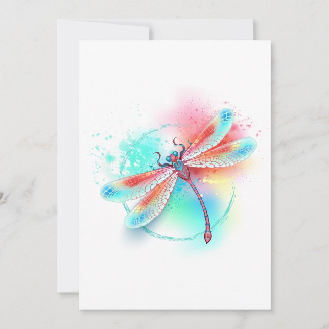 Red dragonfly on watercolor background announcement (Front)