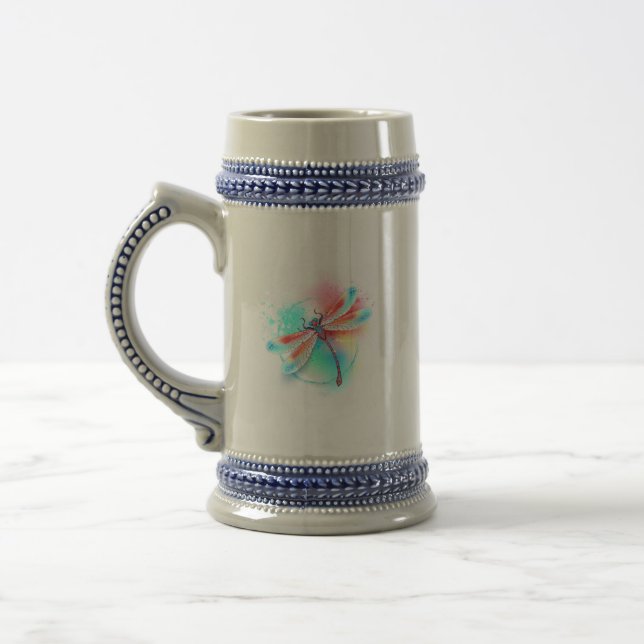 Red dragonfly on watercolor background beer stein (Left)