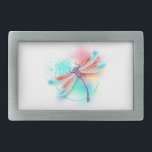 Red dragonfly on watercolor background belt buckle<br><div class="desc">Red,  flying,  artistically drawn,  in bright colours with textured iridescent,  blue wings on white background,  painted over with splashes of watercolor paint. Bright red dragonfly.</div>