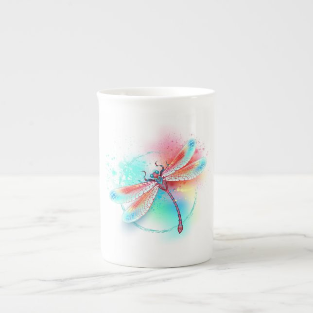 Red dragonfly on watercolor background bone china mug (Front)